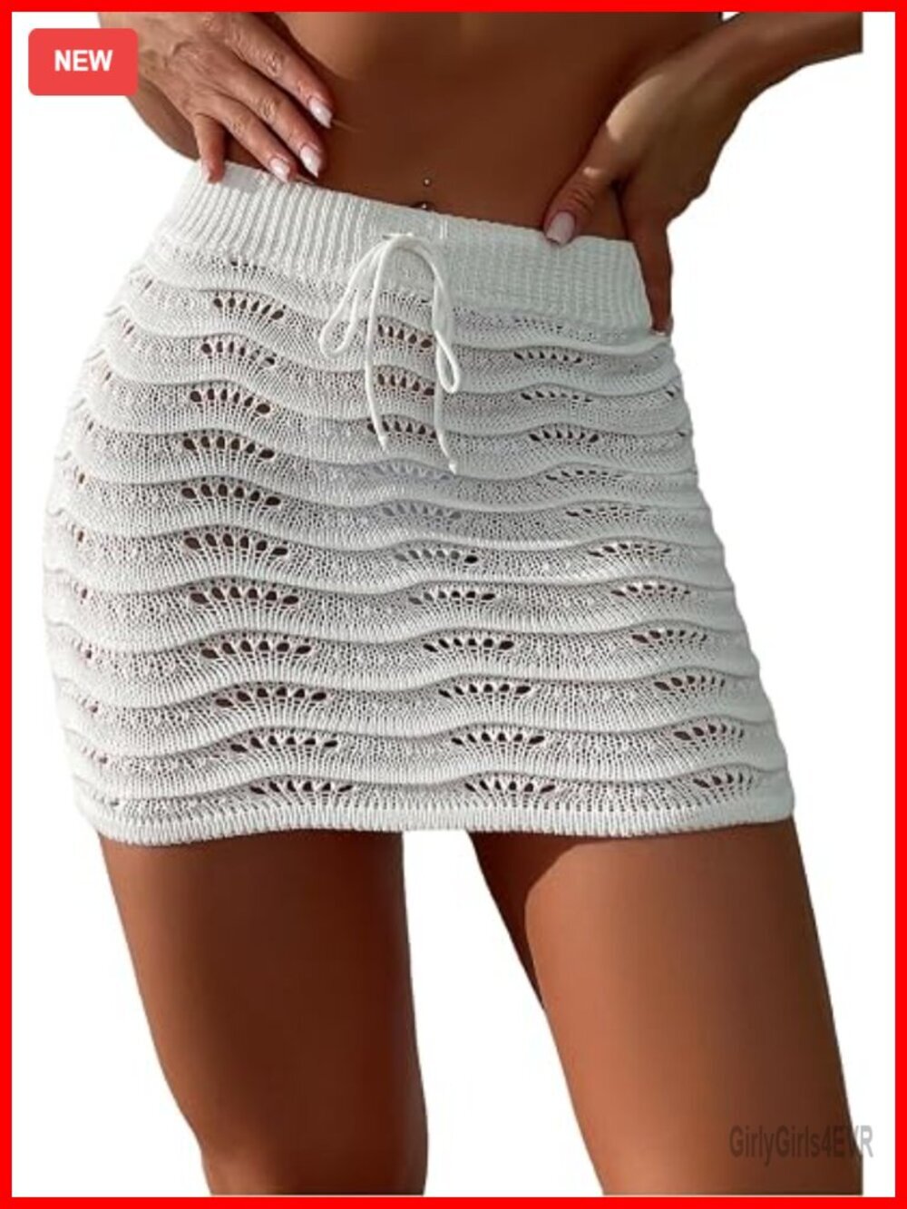 Crochet Swimsuit Cover Up Skirt Hollow Out Drawstring Tie Beach Sarong